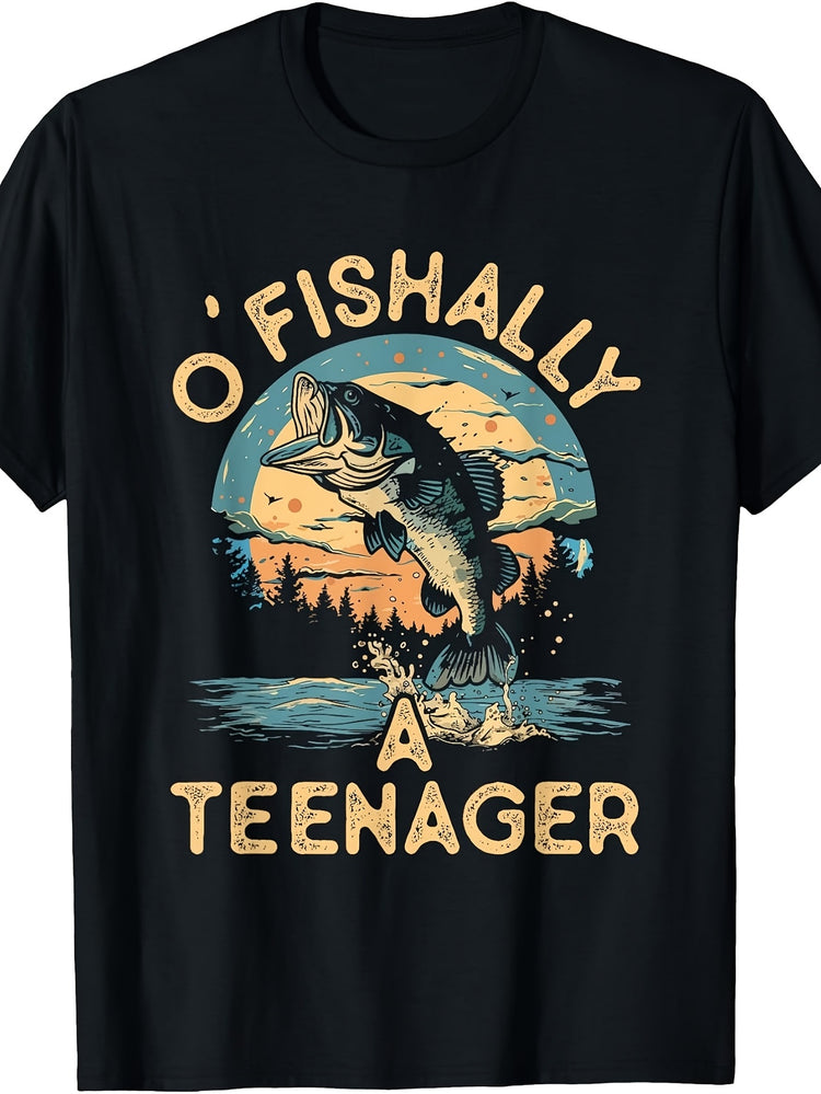 Men's & Women's Vintage Retro Fishing T-Shirt - Funny "O Fishally A Teenager" Bass Jumping Sunset Graphic, Round Neck Casual Tee Suitable for - Outdoor Gift for Anglers, Fishing Enthusiasts, Machine Washable