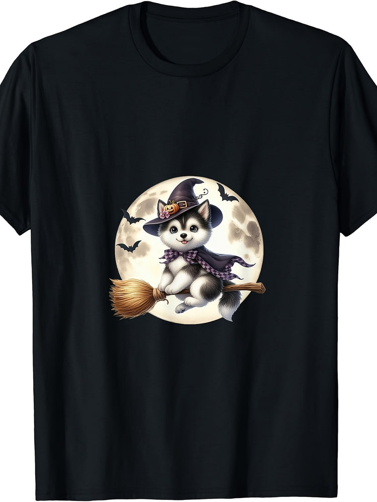 Retro Husky Witch on Broomstick T-Shirt - Full Moon Bat with Husky & Witch Graphic, Round Neck Casual Tee Suitable for, Themed Parties, Casual Attire, Machine Washable Retro Apparel