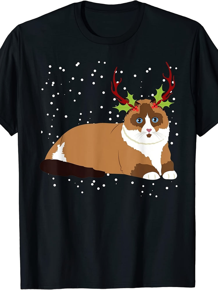 Men's & Women's Retro Christmas Cat T-Shirt with Reindeer Antlers & Holly - Funny Holiday Round Neck Tee, Machine Washable Suitable for Winter Parties, Casual Wear, Year-Round Festive Apparel