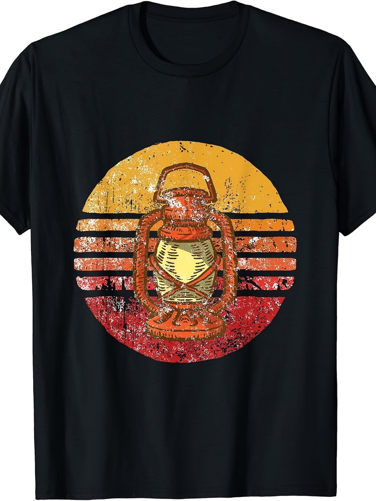 Retro, Vintage Lantern Sunset Graphic T-Shirt, Distressed Design, Crew Neck, Casual Wear