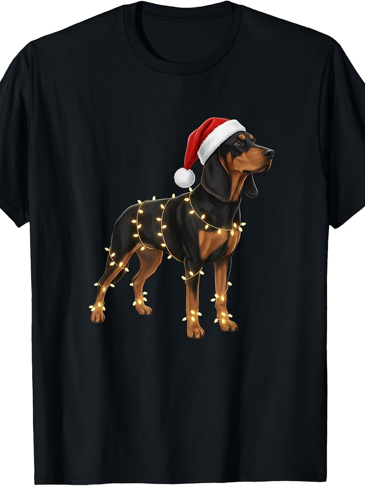 Men's & Women's Retro Dachshund T-Shirt - Funny Christmas Dog with Santa Hat & String Lights, Round Neck Regular Fit Suitable for Holiday Winter Season, Year-Round Casual Wear, Machine Washable Apparel