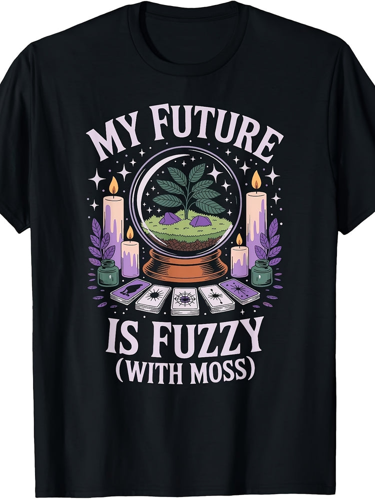 Retro Tarot Cards & Crystal Ball Terrarium T-Shirt - Suitable for Plant Fans, Machine Washable Digital Print, Casual Round Neck Tee with Terrarium for Tarot Enthusiasts and Botany Lovers