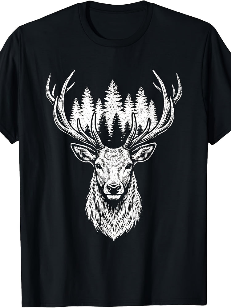 Retro Deer Antlers Hunting T-Shirt - Minimalist Buck Suitable for Outdoor, - Wear, Machine Washable Round Neck Tee with Deer Antler Graphic for Casual & Forest Activities, Male Apparel