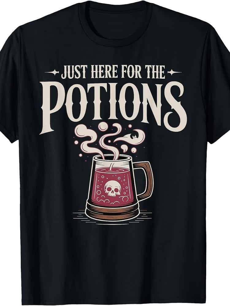 Retro Witch Brew Potion Mug T-Shirt - Funny Skull & Cauldron Graphic Tee, Machine Washable Costume Outfit Suitable for Halloween, Themed Events, Casual Wear