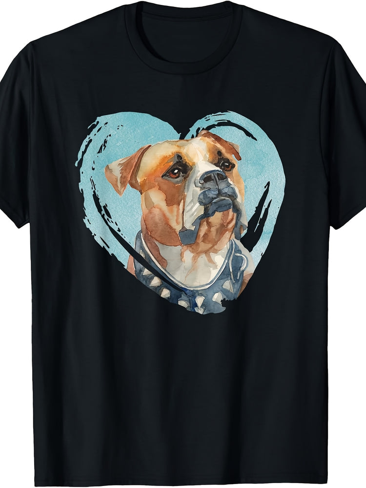 Men's & Women's Retro Bulldog T-Shirt - Cute Bulldog in Heart Watercolor Design, Round Neck Casual Tee Suitable for Daily Wear, Spring Summer Outfits, Machine Washable Apparel with Bulldog Lover Graphic