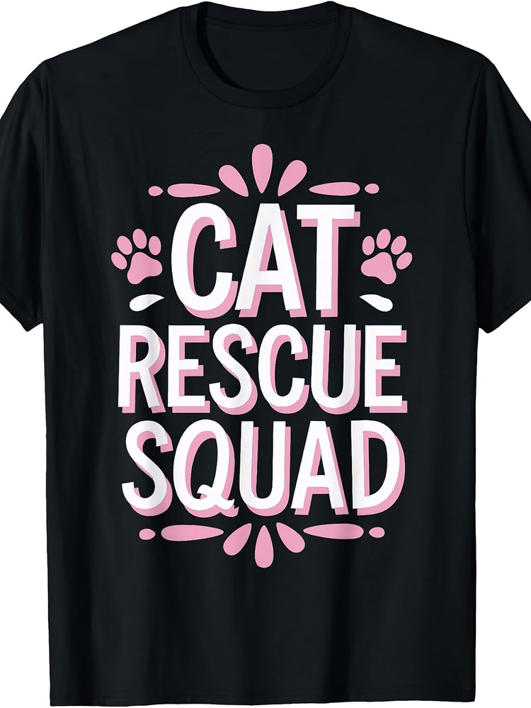 Men's & Women's Retro Cat Rescue Squad T-Shirt - Pink Paw Print Lettering & Rescue Cat Design, Casual Round Neck Tee Suitable for - Wear, Machine Washable Apparel for Cat Lovers, Everyday Casual Outfits